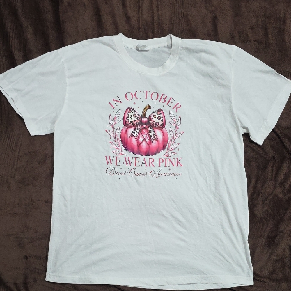 White T-Shirt with Pink Pumpkin Design